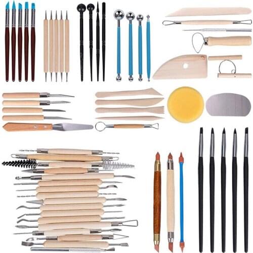 61Pcs Pottery Tools Clay Sculpting Tools Wooden Handle Pottery Carving Tool Set Clay Cleaning Tools Kits Rock Painting Kit for S