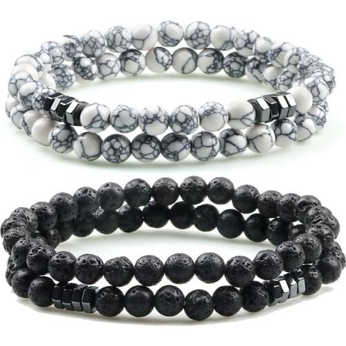 Lava Tiger Eye Bracelet 2pcs/set 6MM Round Beaded Natural Stone Elastic Rope Bracelets&Bangles For Men/Women Alloy SHCS Jewelry