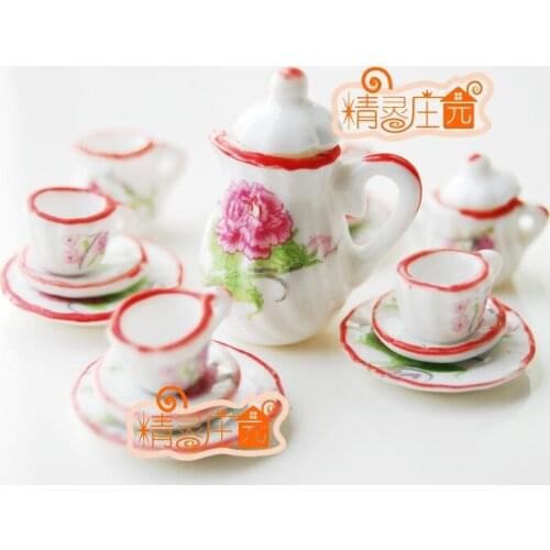 G05-X4333 children baby gift Toy 1:12 Dollhouse mini Furniture Miniature rement ceramics tea set 15pcs/set Carnations