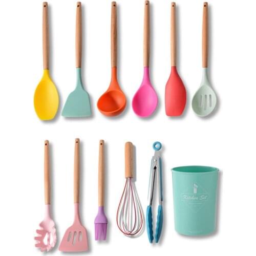 Hot Cooking Utensil Kitchen Spoon Whisk Spatula Brush Grill Clip Set 11pcs Mixed Color Solid Wood Handle Silicone Kitchenware