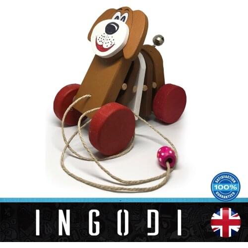 INGODI cute dog animal figure baby and toddler activity wooden toys wheeled with long rope and bell