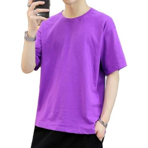 2021 Short-sleeved T-shirt Mens pure cotton Hong Kong style mens drop shoulder round neck solid color trendy trend