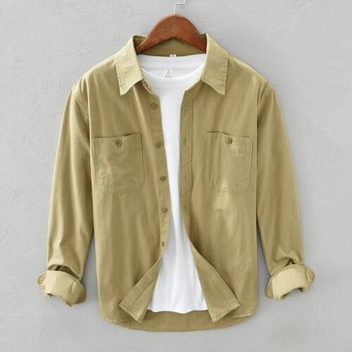 207 Autumn Men Cargo Shirts Loose Casual Workwear Premium Cotton Simple Pocket Long Sleeve Japan Style Square Collar Camicia