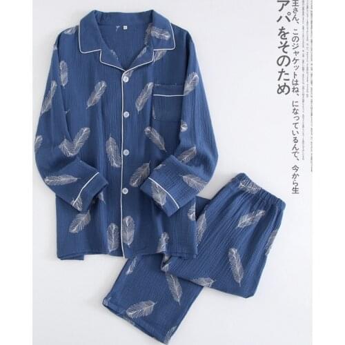 100% Cotton Mens Pajama Sets Autumn Spring Male Sleepwear Suits Clothing Shirt+pants 2pcs Long Sleeve Feather Man Clothes Y67