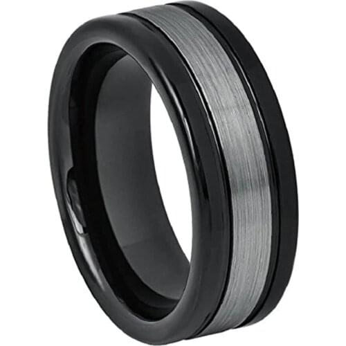 Mens Tungsten Wedding Ring Brushed and Polished Finish Top Black Plated Tungsten Carbide Rings Engagement Band