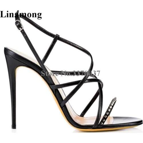 Summer New Fashion Women Open Toe Strap Cross Rivet Thin Heel Sandals Cut-out Super High Heel Spike Sandals Formal Dress Shoes