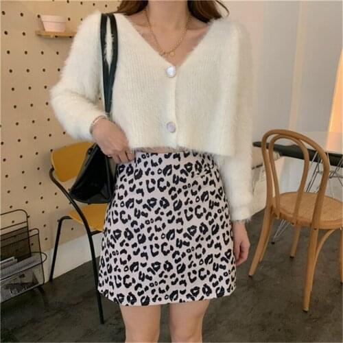 Autumn Women Set 2020 New Korean Style Knit Cardigan Temperament Loose Short Long Sleeve Top + Leopard Print Skirt 2 Piece Set