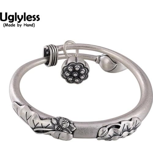 Uglyless Classic Push-pull Adjustable Ethnic Dress Bangles for Women 990 Silver Bangles Lotus Leaf lotus Flower Vintage Jewelry
