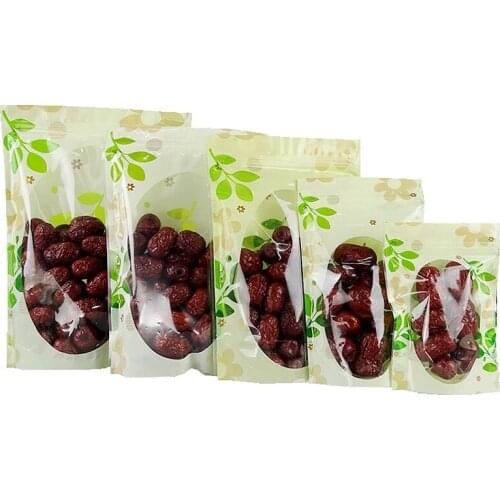 50Pcs/ Lot Clear Plastic Green Leaf Stand Up Zipper Top Pack Pouch Dried Flower Storage Doypack Resealable Packaging Bag Pouches