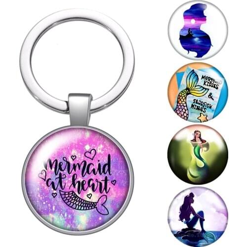 Mermaid at heart Wishes Lady glass cabochon keychain Bag Car key chain Ring Holder silver color keychains for Man Women Gift