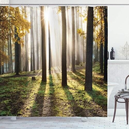 Green Yellow Forest Shower Curtain Landscape Sunrise The Forest Leaves Seasonal Woodland Scenery Photo Bathroom Curtain