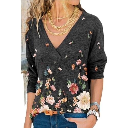 YILINNA Snake YX Womens Clothing Autumn and Winter New Fashion V-Neck Flower Print Long-Sleeved Casual Loose Shirt Plus Size