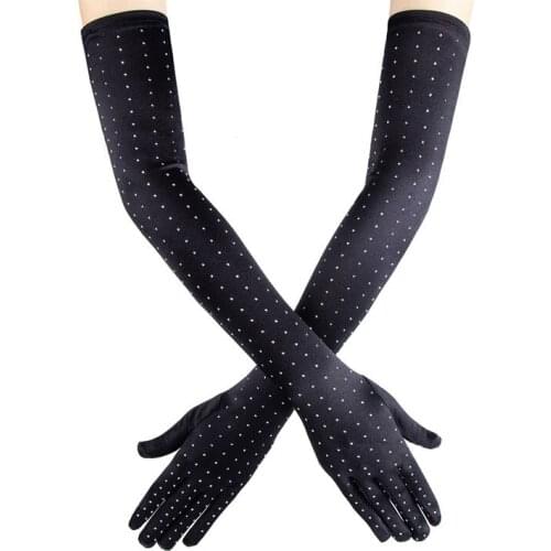 Women Sexy Flash Drilling Sequins Satin Black Cosplay Halloween Ball Party Nightclub Elasticity Retro Etiquette Long Gloves