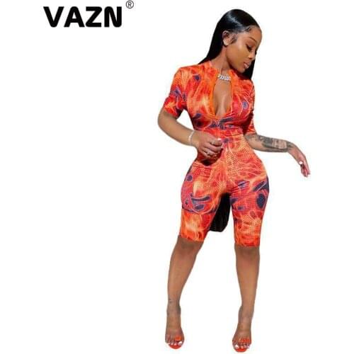 VAZN 2020 Hot Sale Women Summer Short Sleeve V-Neck Bandage Bodycon Camouflage Casual Playsuits Romper Jumpsuit Pants
