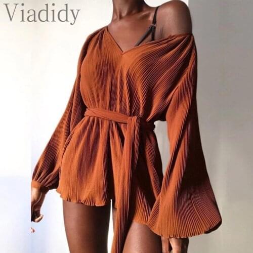 Women Sexy Solid Color Deep V Neck Lantern Sleeve Playsuit with Belt