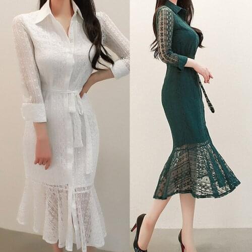 Womens 2020 New Product Dark Green Dress Women Slim Temperament Lace Lace Lace Long Sleeve Swing White Shirt Dresses Mujer A973