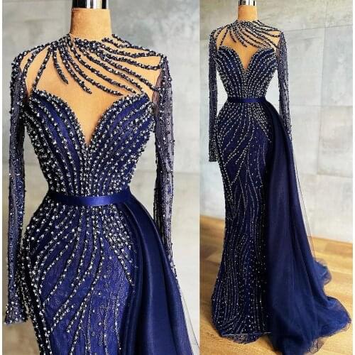 Luxury Beaded Crystal Mermaid Prom Party Dresses Navy Blue Plus Size Overskirt Train Arabic Women Evening Gowns Vestidos De Nova