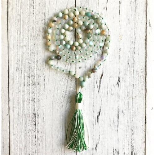 108 Mala Beads Necklace Amazonite & Mystic Aura Quartz Knotted Tassel Necklace Long Necklaces Meditation Jewelry