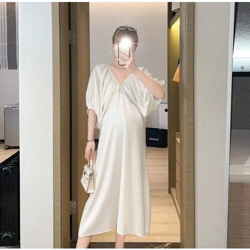 14534# Maternity Dress Summer V Neck Short Sleeves Easy Matching Loose Stylish Dress Pregnant Women Mom Dress