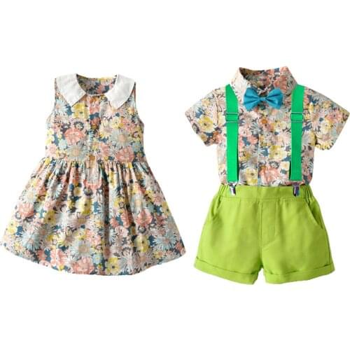 2021 Summer New Boys Short-Sleeved Shorts + Inch Shirt Suit Girl Floral Skirt Boys And Girls Baby Brother Sister Clothes 0-6 Age