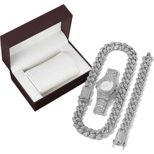 3Pcs Luxury Cool Mens Numeral Watch Kit Crystal Pave Miami Cuban Bracelet Necklace Kit Rappers Men Rock Roll Jewelry Set