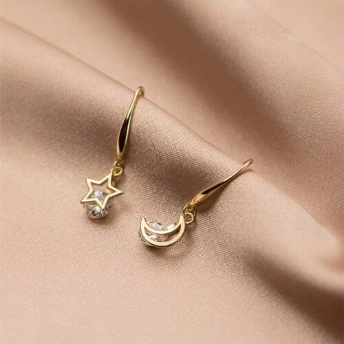 Asymmetry Hollow Star Moon Drop Earrings Delicate Cubic Zirconia Ear Hook S925 Sterling Silver Fine Jewellery 2021