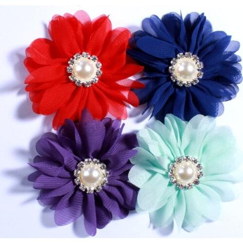 10PCS 6.5CM Chiffon Fabric Flowers With Rhinestone Peal For Hair Accessories U Pick Color