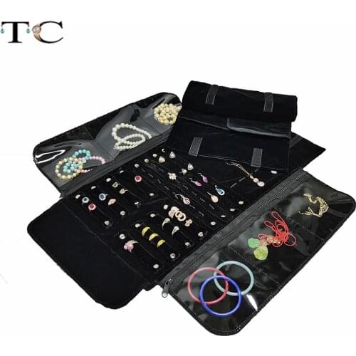 Elegant Black Velvet Jewelry Organizer Roll Travel Zipper Bag Case for Necklace Ring Earrings Storage Multiple Travel Pouch
