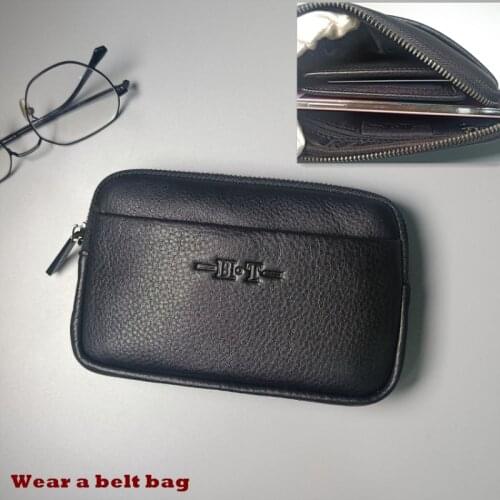 HT Mens leather Thin money Waist bag /Wear a belt bag /Mobile phone bag