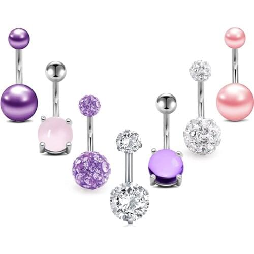 Used for female girls' navel ring bag, crystal CZ rose gold, perforation, barbell, 14G surgical steel navel button ring