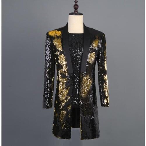 Costumes turn Sequin blazer men long suit formal dress mens suits costume singer star style dance stage clothing black gold