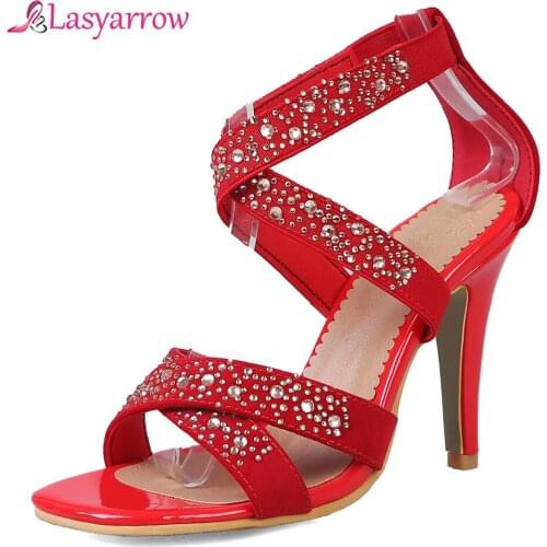 Lasyarrow black red fashion summer ladies shoes elegant wedding shoes woman thin heel women high heels sandals size 31-45 J924