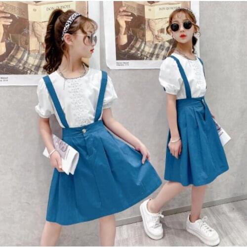 3-14Y Fashion Children Clothing Set For Girls Teens Summer Short Sleeve Shirts Tops Straps Skirt Outfits Two-piece Kids Clothes