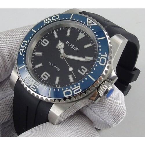 BLIGER SUB Men Watch Simple 24 Jewels NH35A MIYOTA 8215 CURVED Rubber Band Screw Down Crown Blue Ceramic Insert Sapphire Glass
