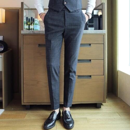 2019 New Fashion Boutique Dark Checked Mens Formal Business Suit Pants Groom Wedding Dress Social Suit Pants Male Trousers