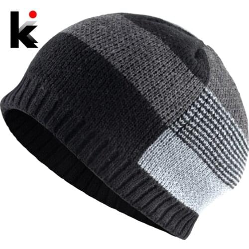New Winter Skullies Beanies Men Thick Knitted Plaid Hats Outdoor Casual Beanie Bonnet Mens Knitting Double Layer Velvet Gorras