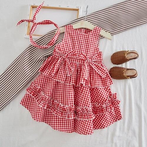 2020 New arrive Girls Summer Check Princess Dress with a headband two pcs set