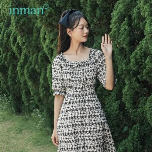INMAN Dress Women Retro Elegant Style Square Neck Bow Tether Lace Cuffs A-line Slim Middle Sleeve High Waist Cotton Clothing