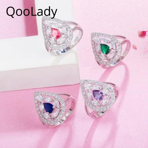 QooLady Trendy Charm AAA Mystic Purple Color Water Drop Shape Zircon Crystal Bride Shiny Rings New Arrival Women CZ Jewelry F047