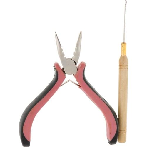 Hair Extensions Pliers with Wooden Pulling Hook Set For Silicone Micro Ring Loop Bead
