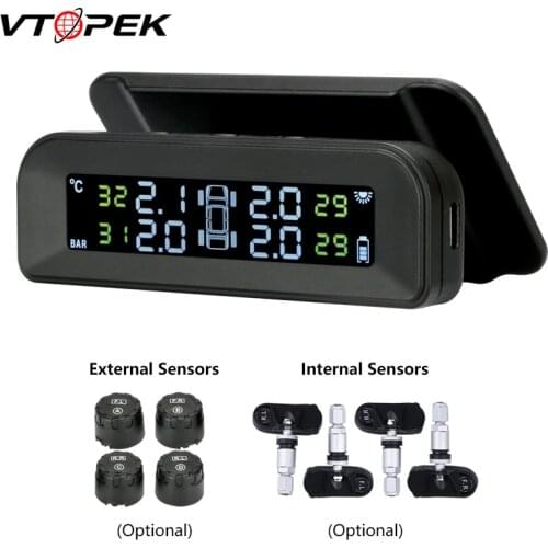 Vtopek Car Tpms Systems Tire Pressure Monitoring System Attached To Glass Wireless Solar Power Vibration Start with 4 Sensors