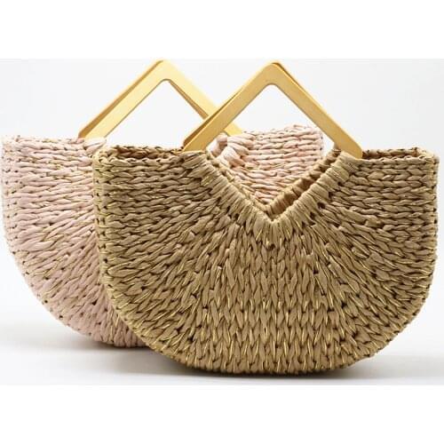 Leisure Moon Straw Top-handle Bag Ladies Summer Handmade Beach Bag Female Straw Tote Bags Rhombus Wooden Handle Women Handbag