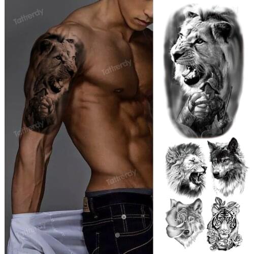 Tattoo sticker wolf tiger lion king forest shoulder tattoo sleeve arm back leg temporary tattoos for men body painting big size