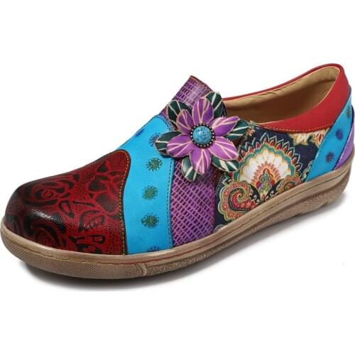 Retro Genuine Leather Splicing Flats Shoes Women Zipper Casual Loafers Soft Sole Sports Shoes Woman Vintage Flower Flats