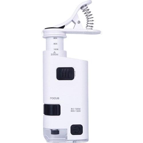 80X-120X Zoom Adjustable Mini Microscope Magnifier LED Illuminated Pocket Magnifying Glass Clip Universal Phone Jewelry Loupe