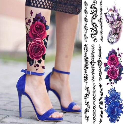 Rose Temporary Tattoos For Women Men Realistic Indian Tribal Totem Dragon Flower Fake Tattoo Thorns Thigh Arm Tattoo Sticker Big