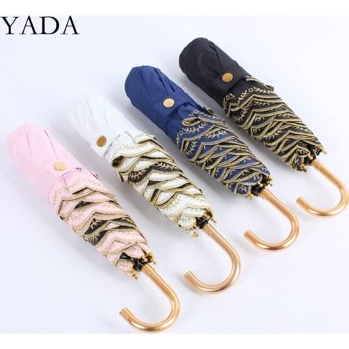 YADA Ins Gold Color Lace J Handle 3-Folding Umbrella Women UV Rainproof Umbrella Parasol Rain Sun Light Minin Umbrellas YD200279