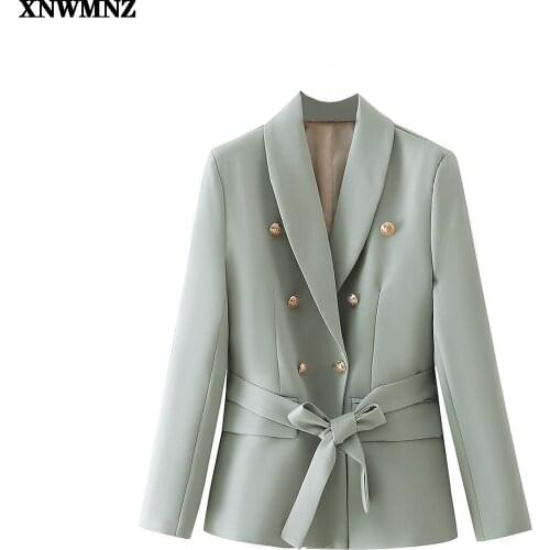 XNWMNZ Women Solid Green Blazer Coat with Belt Pocket Double Breasted Female Casual Chic Tops Ladies Office Coats Autumn Jackets