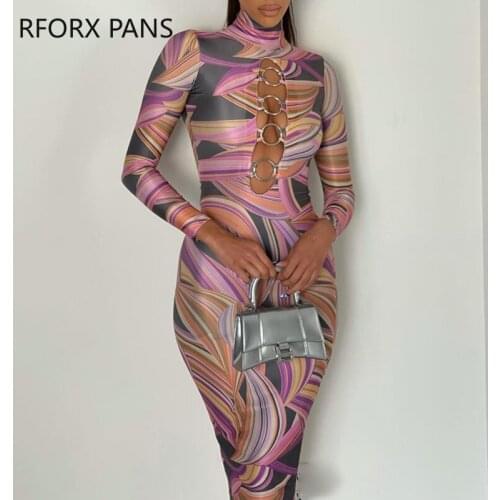 Women Chic Abstract High Neck Hollow out Sexy Bodycon Colorful Party Dress