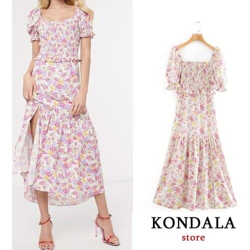Women summer dress za 2020 square collar sheath vintage floral print dress short sleeve A-line mid-calf female dresses vestidos